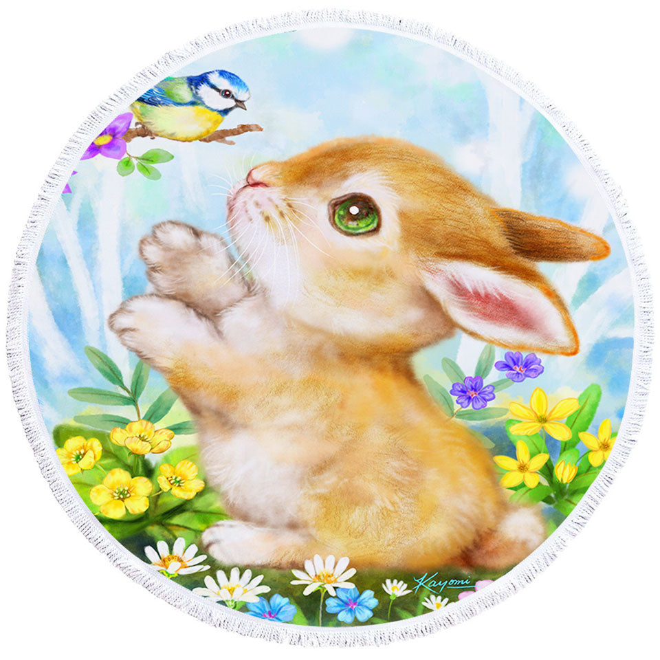 Cute Children Round Beach Towels Art Designs Flowers Bunny and Bird