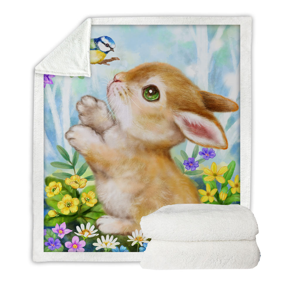 Cute Children Sherpa Blankets Art Designs Flowers Bunny and Bird