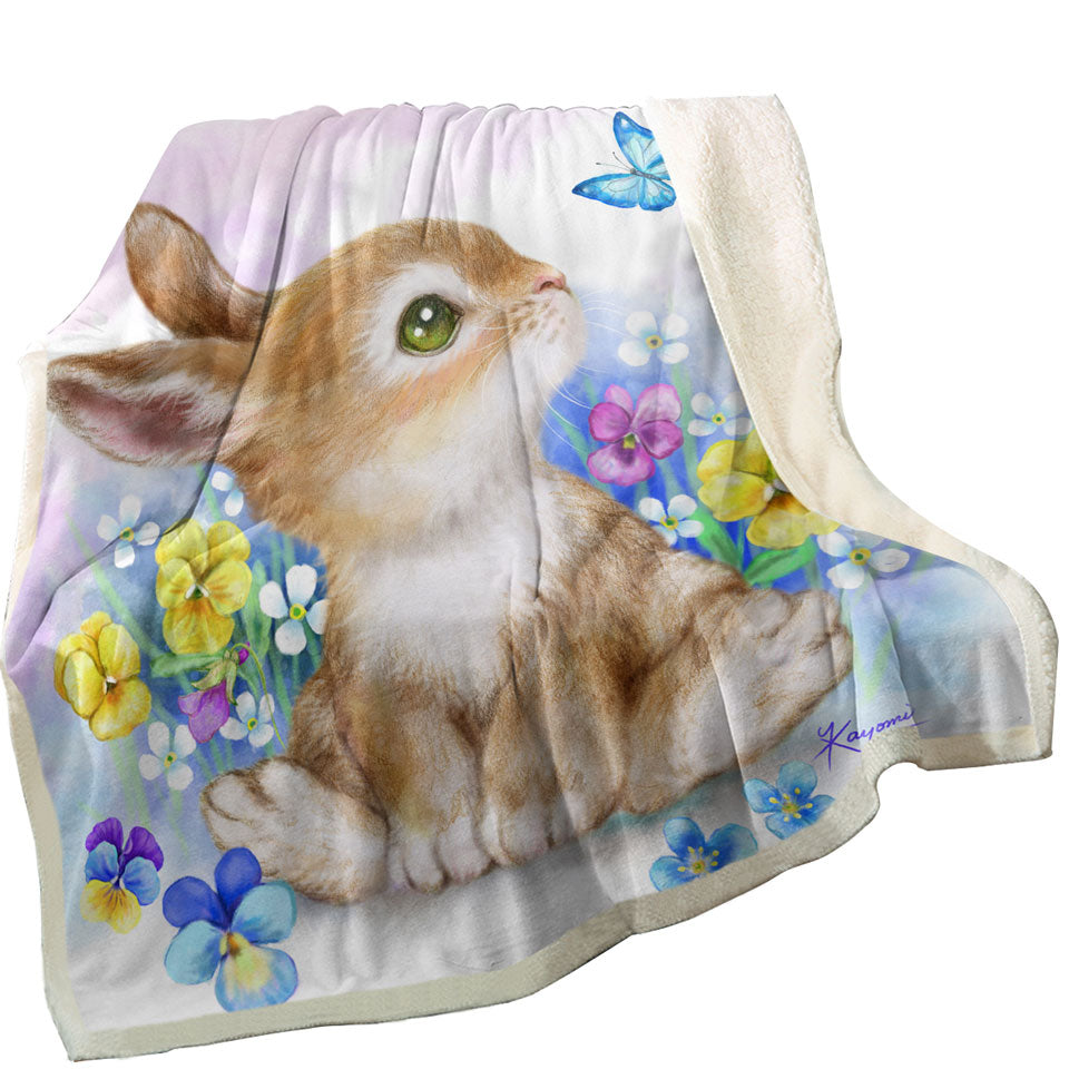 Cute Children Sherpa Throws Art Designs Flowers Bunny and Butterfly