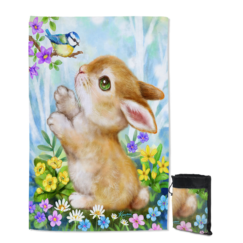 Cute Children Thin Beach Towels Art Designs Flowers Bunny and Bird