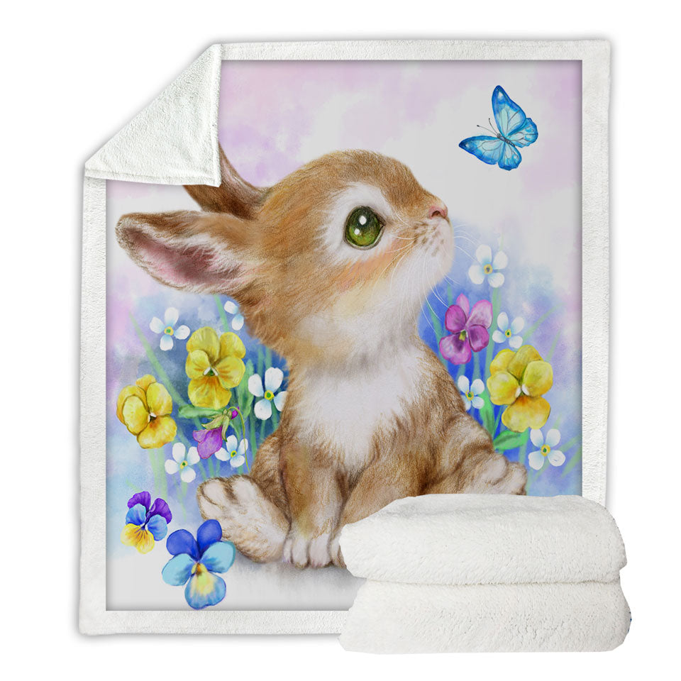 Cute Children Throw Blanket Art Designs Flowers Bunny and Butterfly