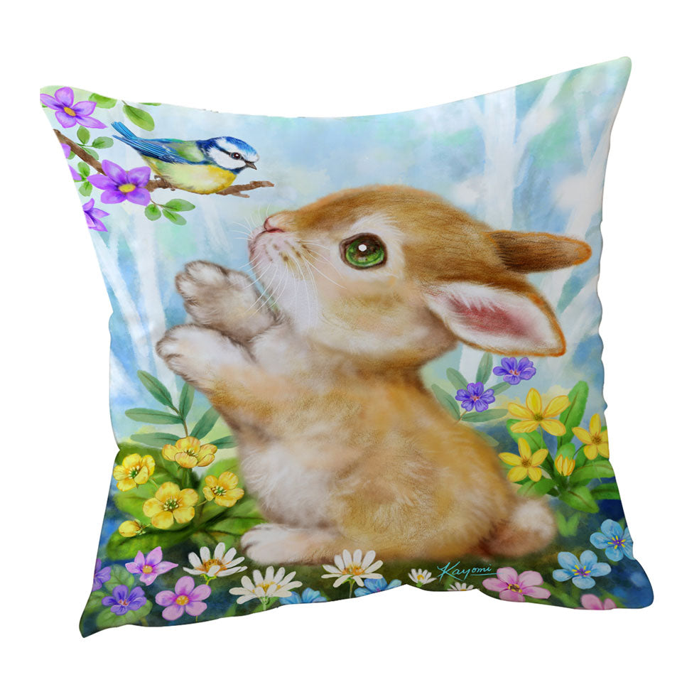 Cute Children Throw Pillows Art Designs Flowers Bunny and Bird