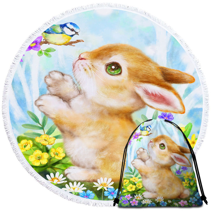 Cute Children Unusual Beach Towels Art Designs Flowers Bunny and Bird