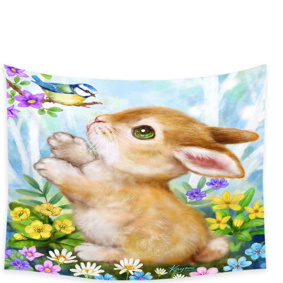 Cute Children Wall Decor Art Designs Flowers Bunny and Bird Tapestry