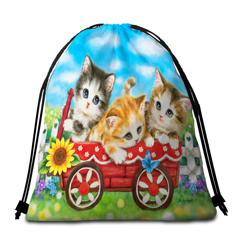Cute Childrens Beach Towel Bags Cat Drawings for Kids Kitten in Wagon