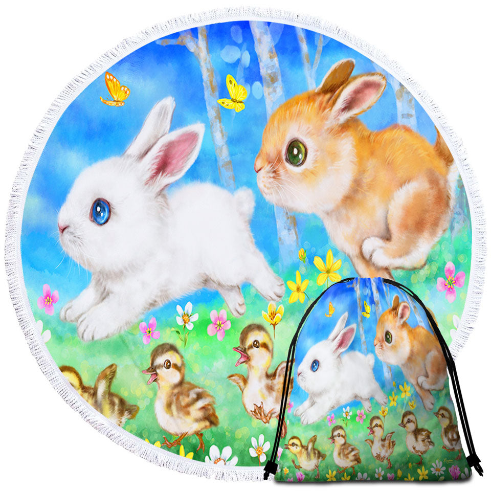 Cute Childrens Beach Towels Art Designs Ducklings and Bunnies