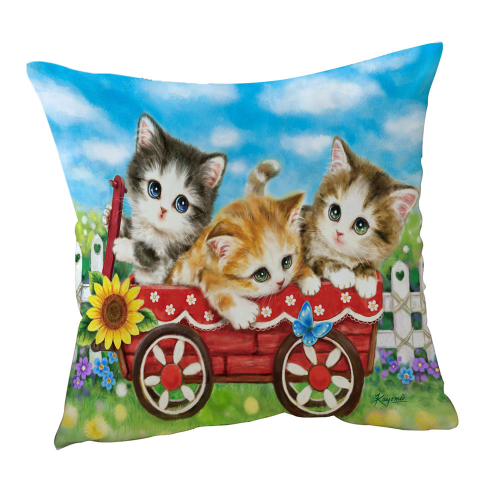 Cute Childrens Cushions and Throw Pillows Cat Drawings for Kids Kitten in Wagon