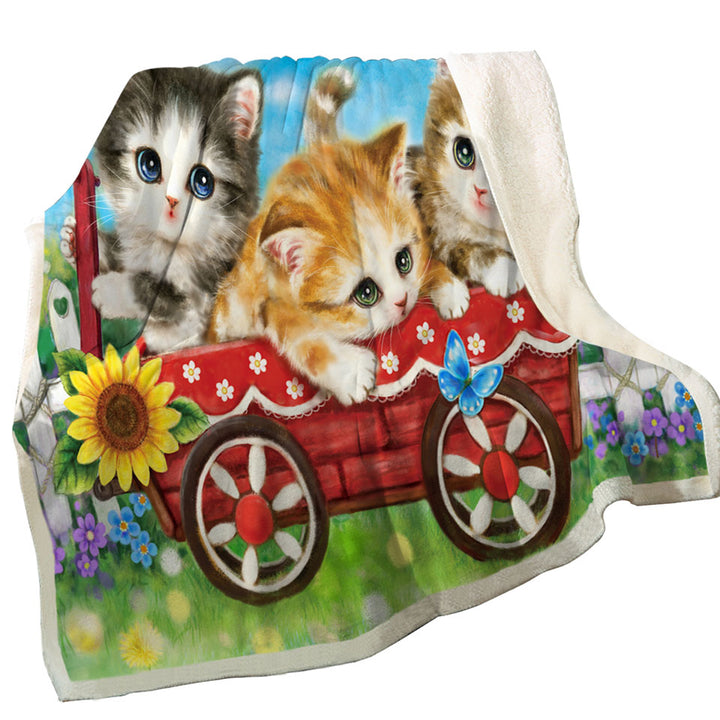 Cute Childrens Lightweight Blankets Cat Drawings for Kids Kitten in Wagon