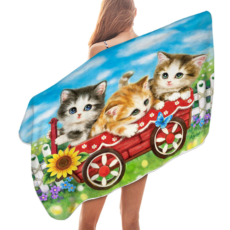 Cute Childrens Microfiber Beach Towel Cat Drawings for Kids Kitten in Wagon