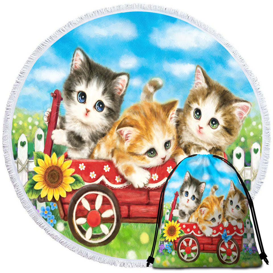 Cute Childrens Round Beach Towel Cat Drawings for Kids Kitten in Wagon