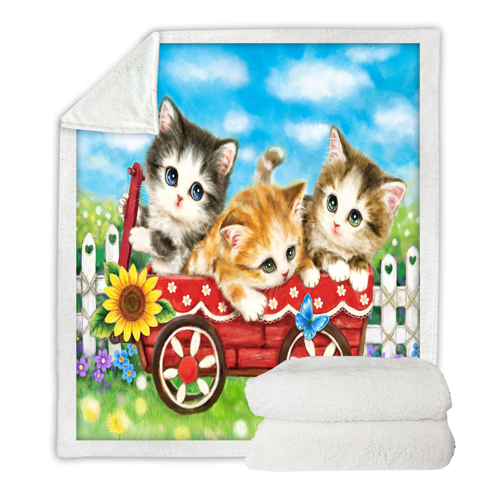 Cute Childrens Sherpa Blankets Cat Drawings for Kids Kitten in Wagon