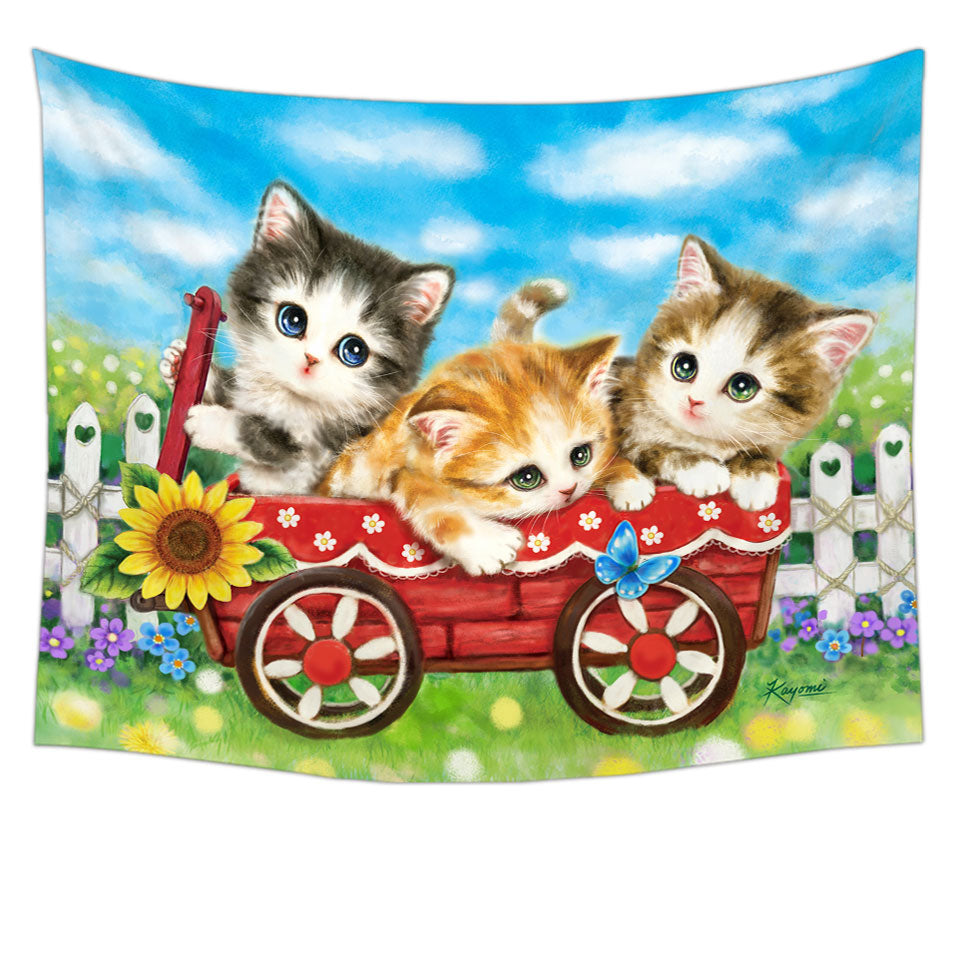 Cute Childrens Tapestry Cat Drawings for Kids Kitten in Wagon