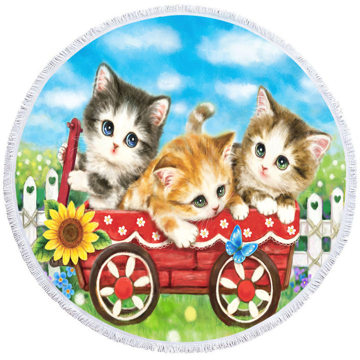 Cute Childrens Unique Beach Towels Cat Drawings for Kids Kitten in Wagon
