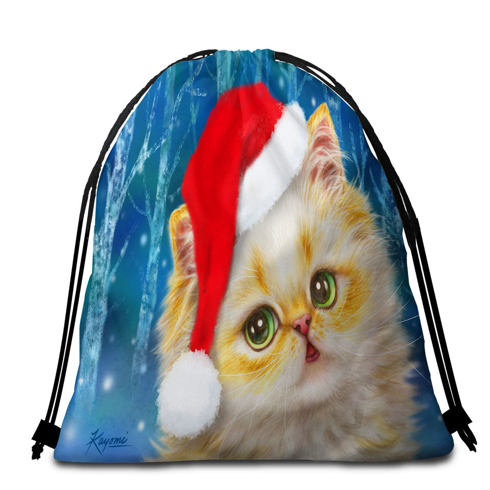 Cute Christmas Beach Bags and Towels Cat Design Ginger Santa Kitten