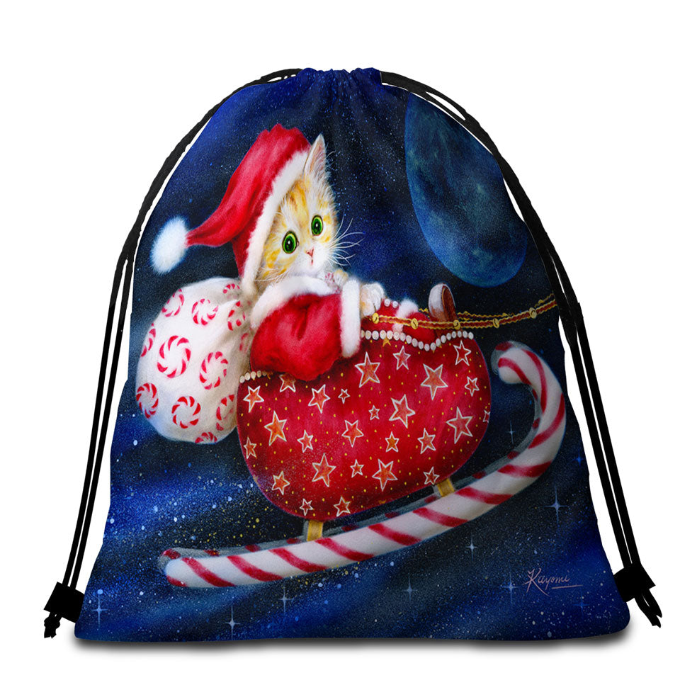 Cute Christmas Beach Towel Bags Design Candy Sleigh Kitten