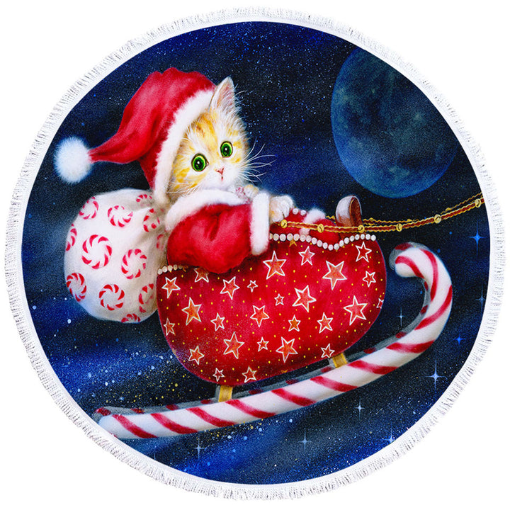 Cute Christmas Beach Towel Design Candy Sleigh Kitten