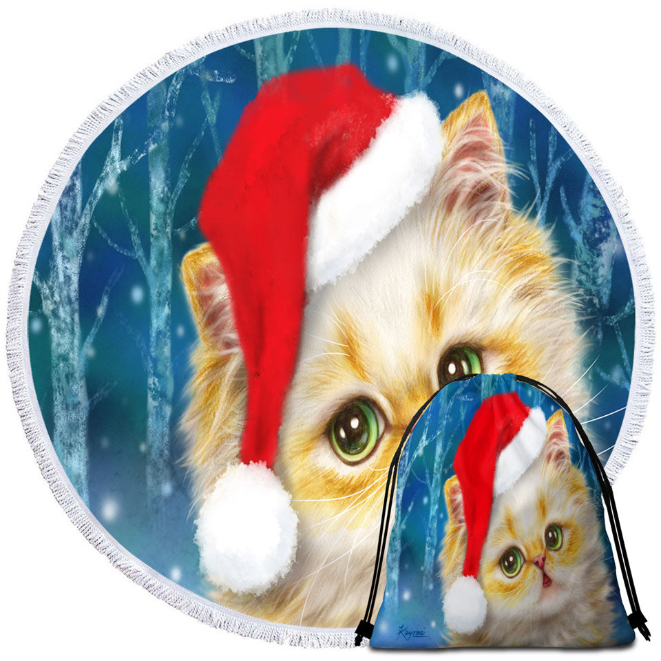 Cute Christmas Beach Towels Cat Design Ginger Santa Kitten