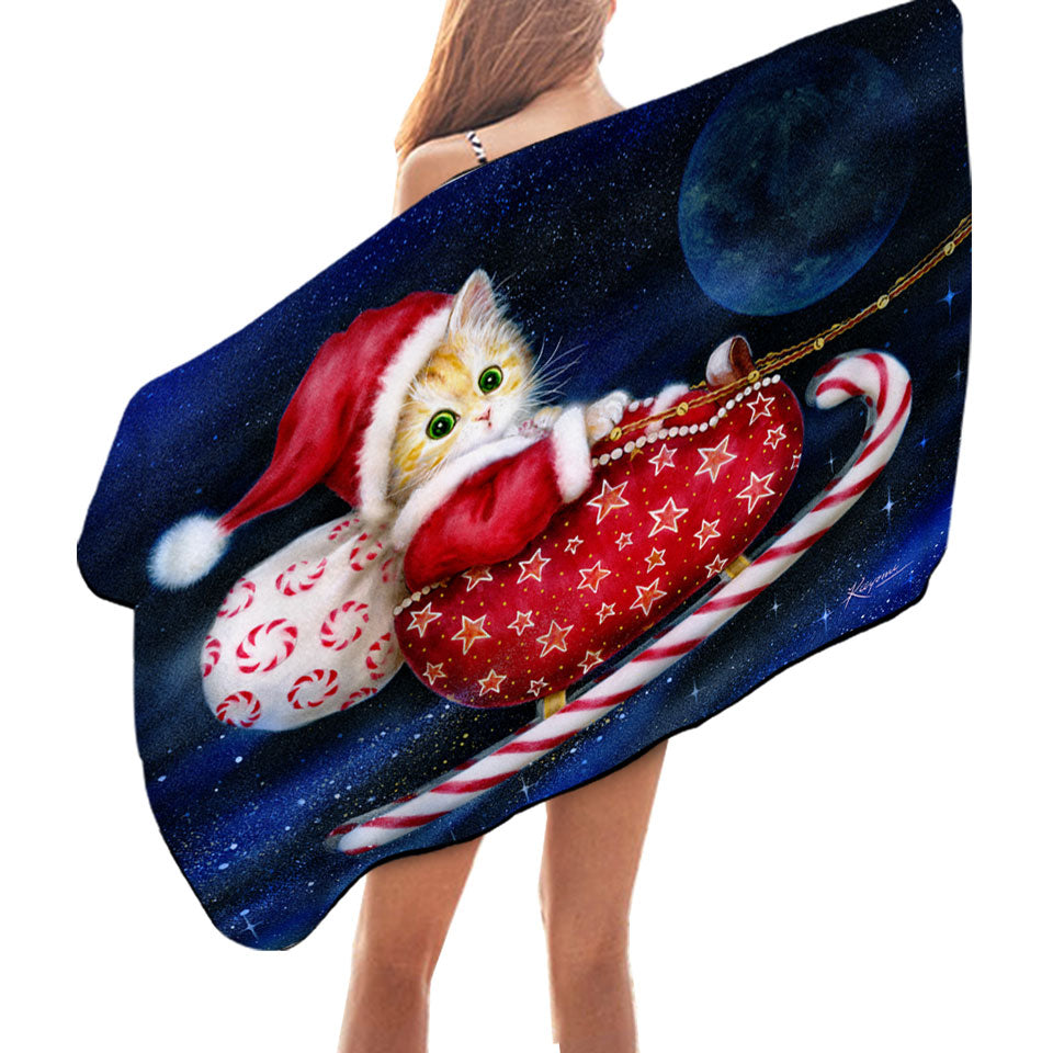 Cute Christmas Beach Towels Design Candy Sleigh Kitten