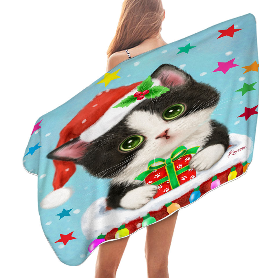 Cute Christmas Beach Towels Tuxedo Cat in Chimney