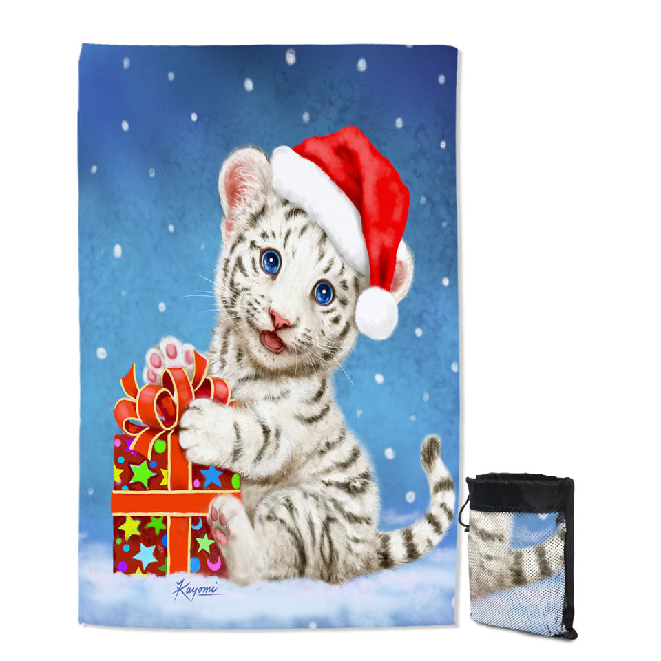 Cute Christmas Beach Towels White Tiger Cub Gift