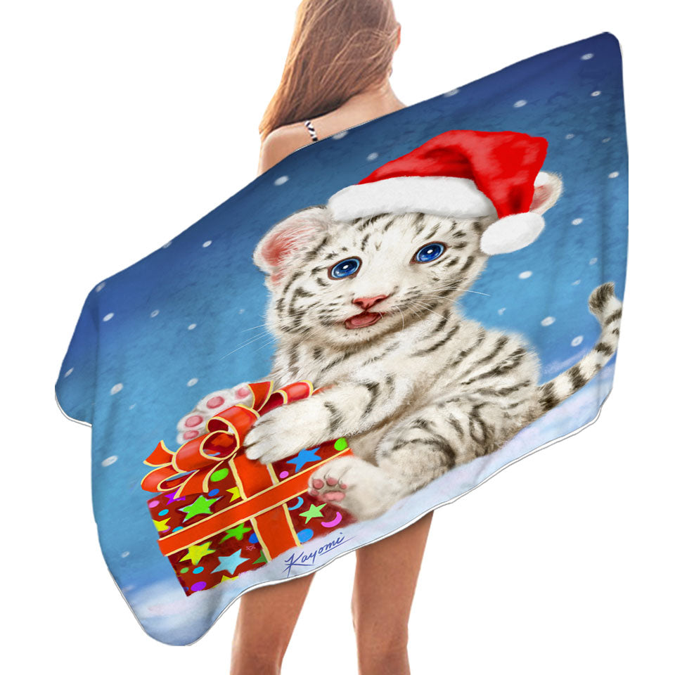 Cute Christmas Best Beach Towels White Tiger Cub Gift