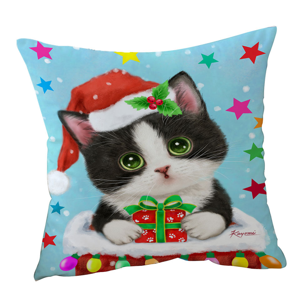 Cute Christmas Cushions and Throw Pillows Tuxedo Cat in Chimney