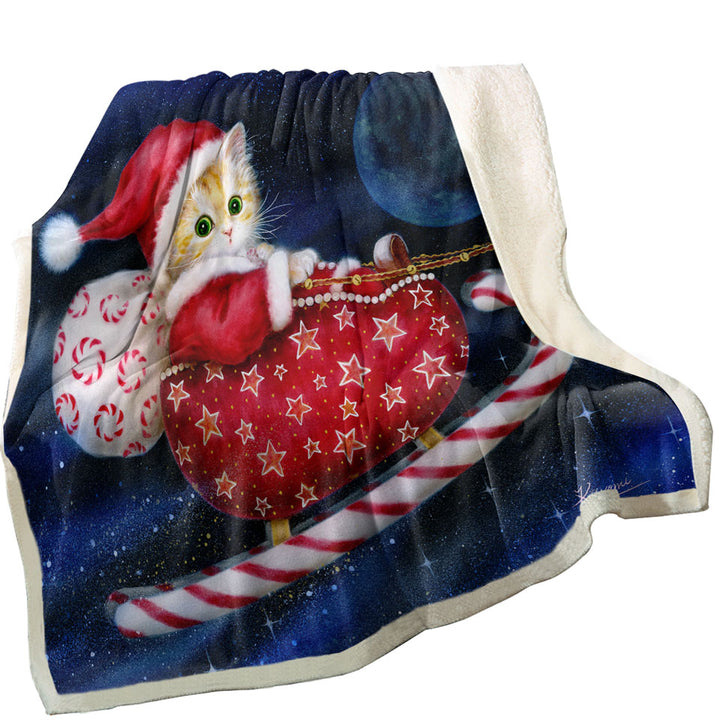 Cute Christmas Decorative Blankets Design Candy Sleigh Kitten
