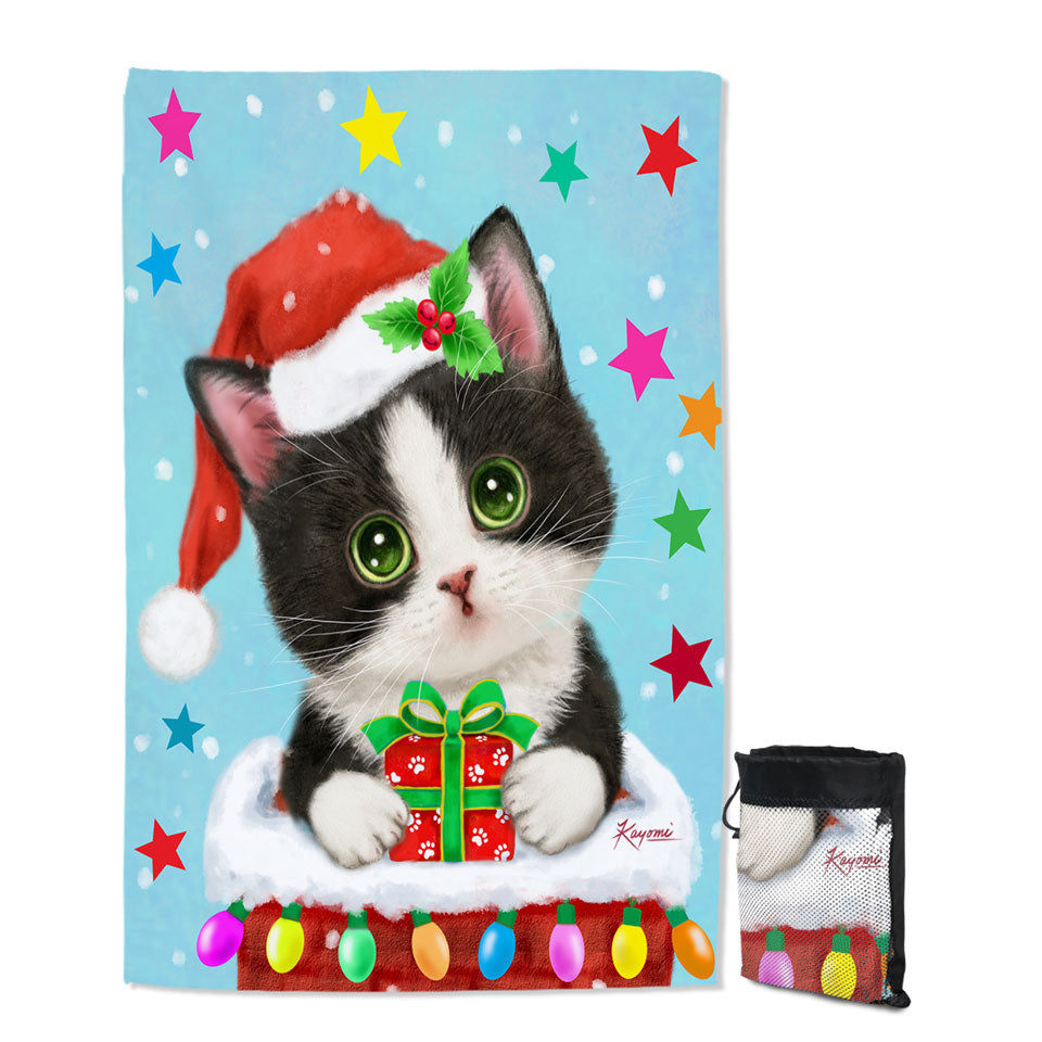 Cute Christmas Lightweight Beach Towel Tuxedo Cat in Chimney