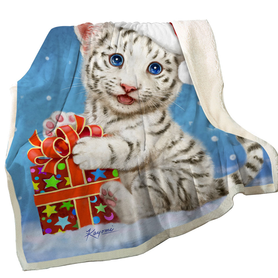 Cute Christmas Lightweight Blankets Design White Tiger Cub Gift