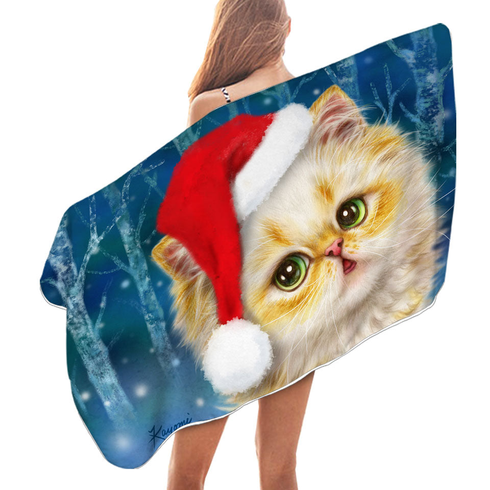 Cute Christmas Pool Towels Cat Design Ginger Santa Kitten