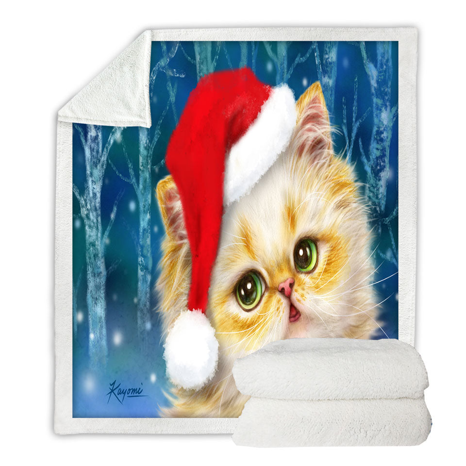 Cute Christmas Sherpa Blanket Cat Design Ginger Santa Kitten
