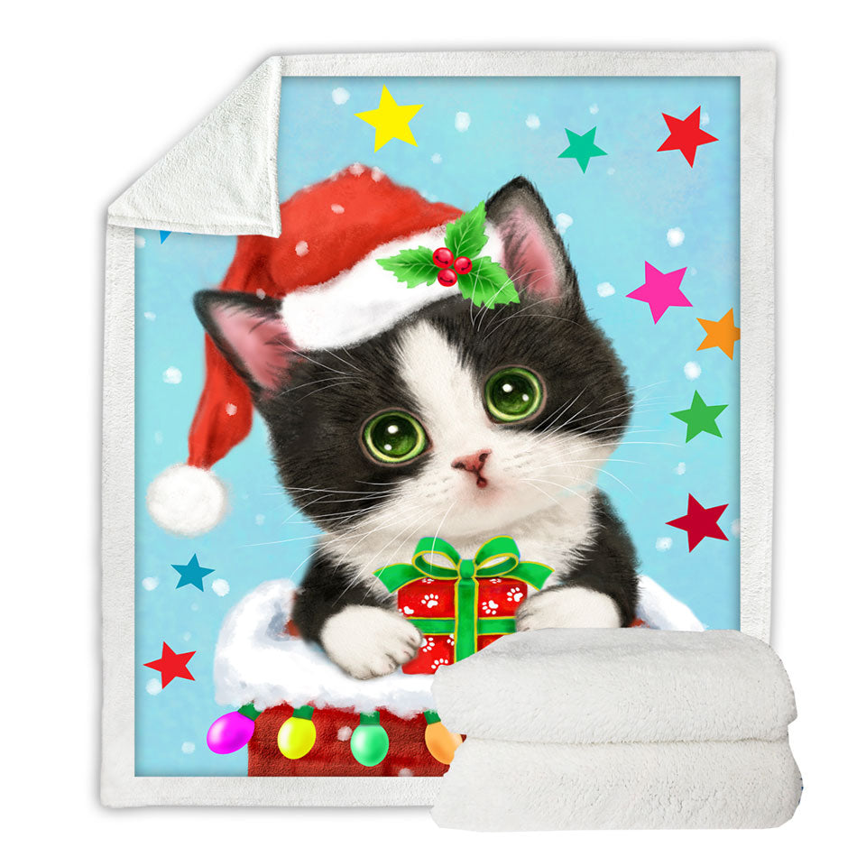 Cute Christmas Sofa Blankets Tuxedo Cat in Chimney