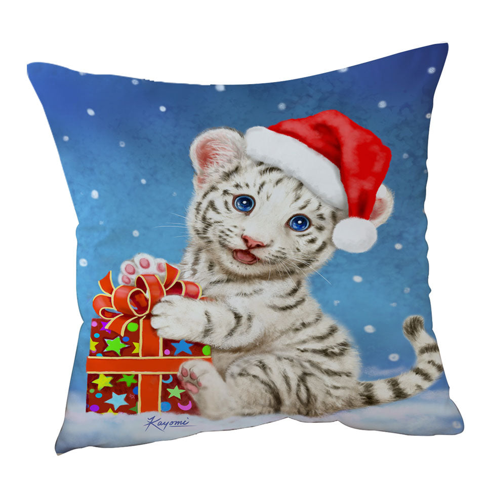 Cute Christmas Throw Cushions White Tiger Cub Gift
