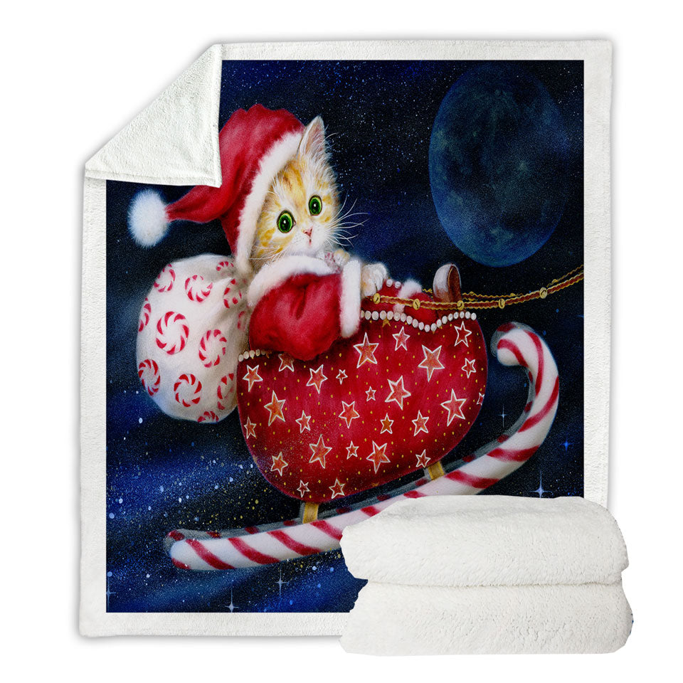 Cute Christmas Throws Design Candy Sleigh Kitten