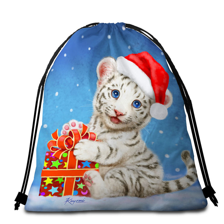 Cute Christmas Travel Beach Towel White Tiger Cub Gift