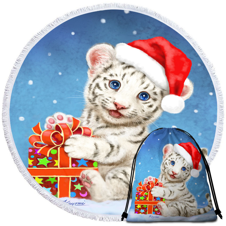 Cute Christmas Unique Beach Towels White Tiger Cub Gift