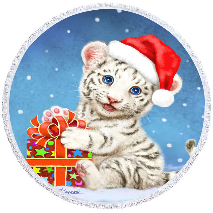 Cute Christmas Unusual Beach Towels White Tiger Cub Gift