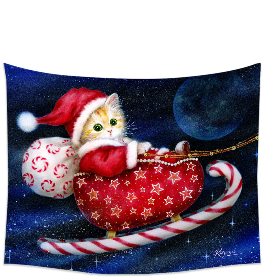 Cute Christmas Wall Decor Tapestry Design Candy Sleigh Kitten