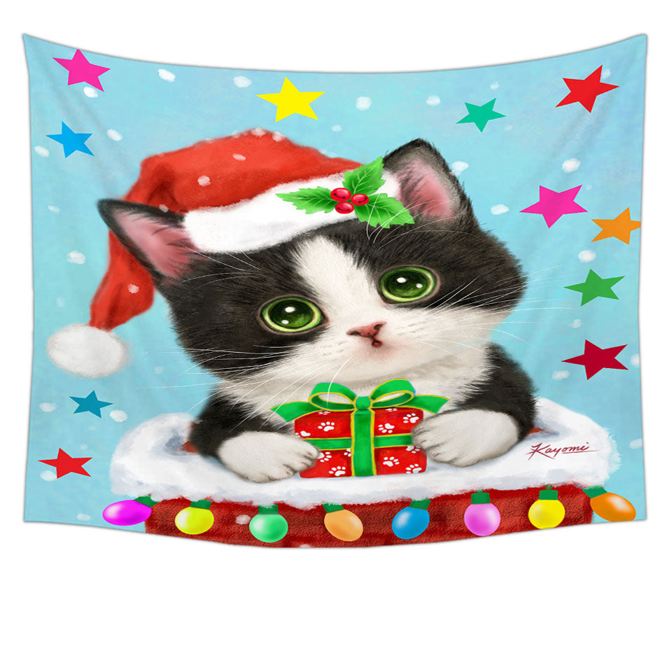 Cute Christmas Wall Decor Tapestry Tuxedo Cat in Chimney