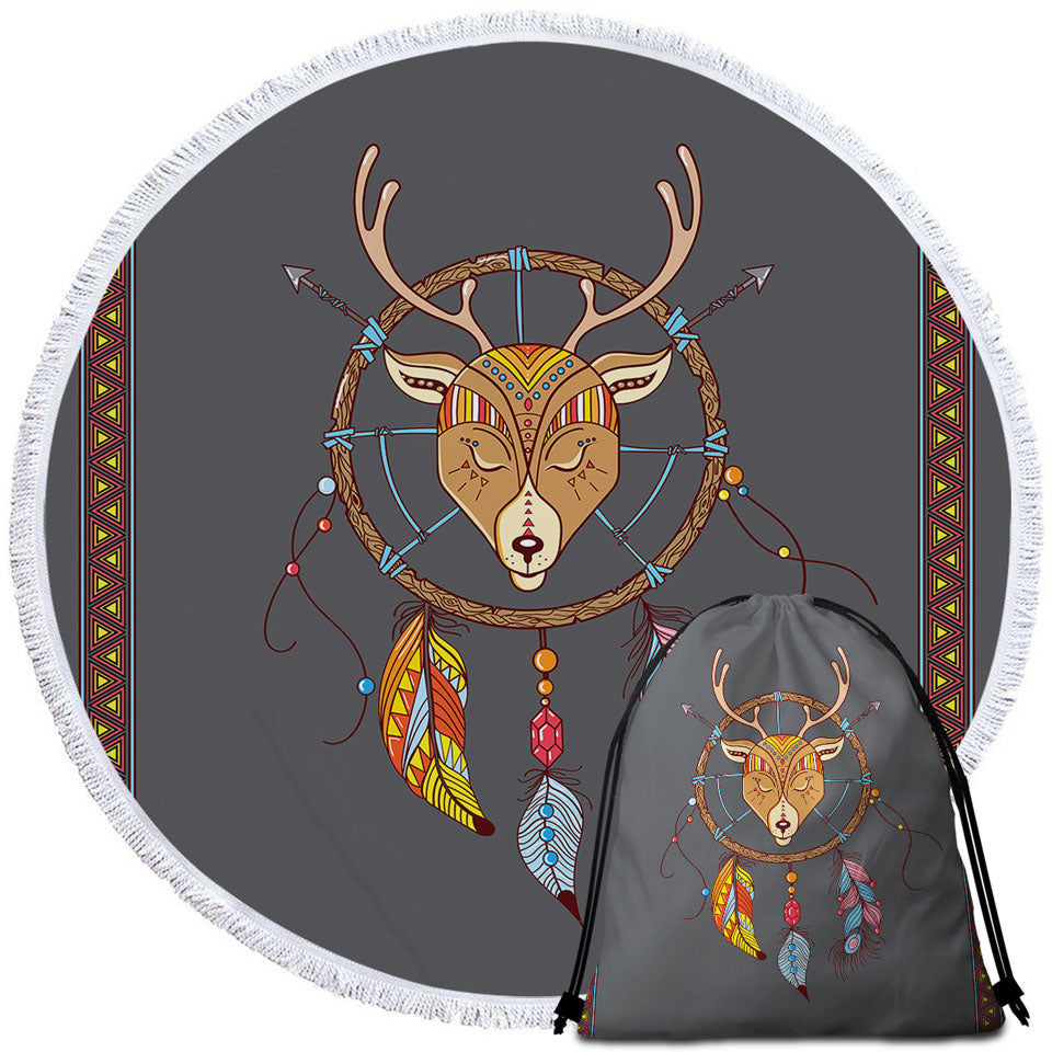 Cute Circle Beach Towel with Native Deer Dream Catcher for Kids