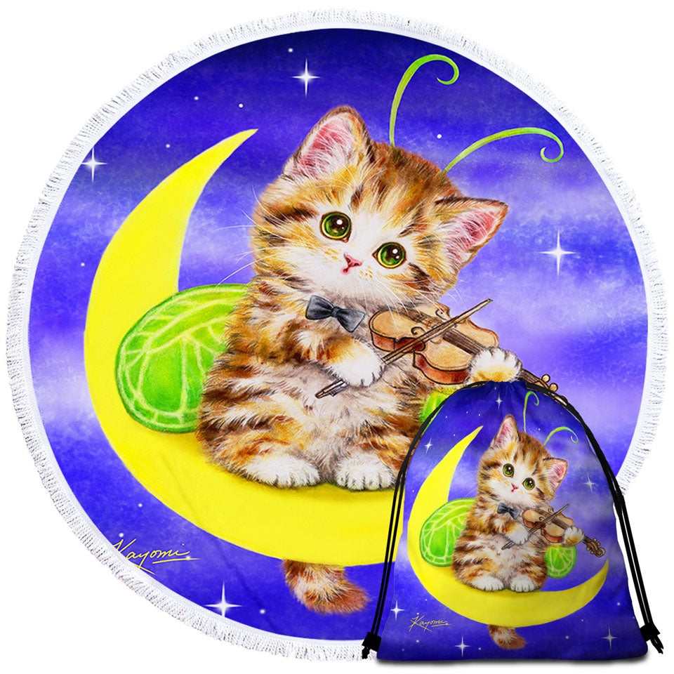 Cute Circle Beach Towels of Fantasy Cats Art Violinist Tabby Kitten