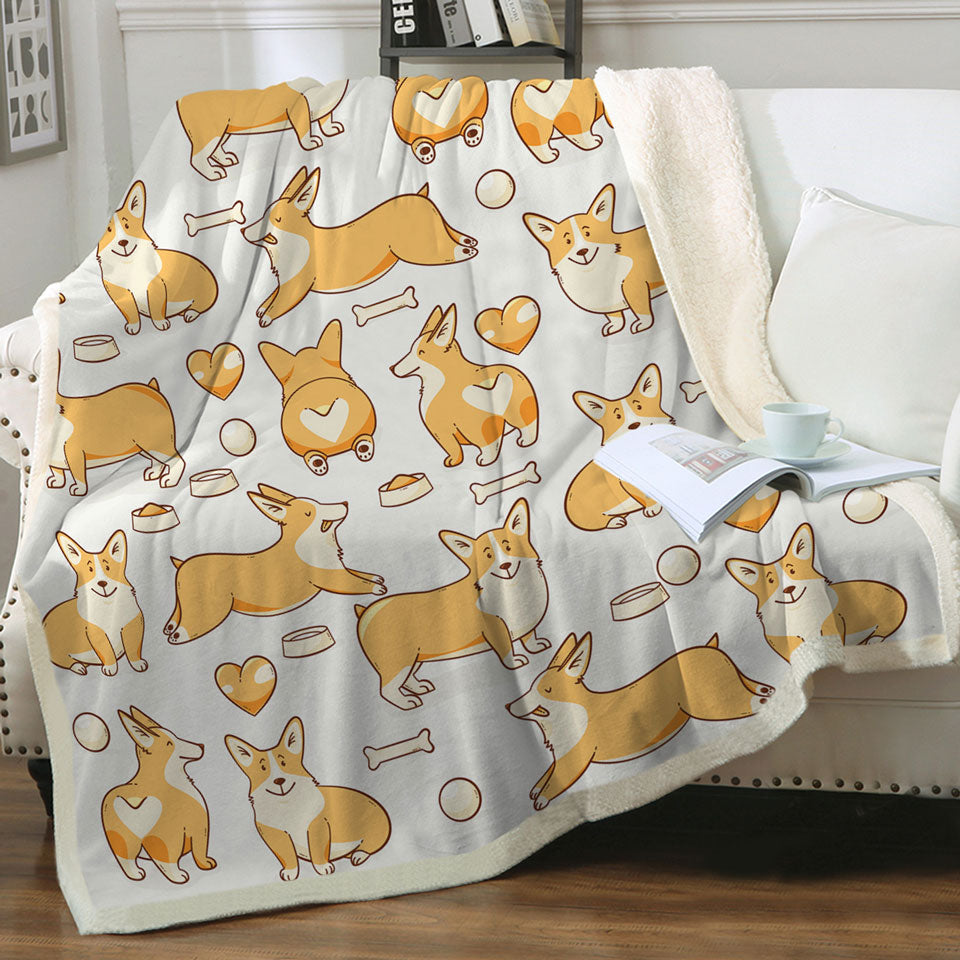 Cute Couch Throws with Corgi Dog Heart and Bone Pattern
