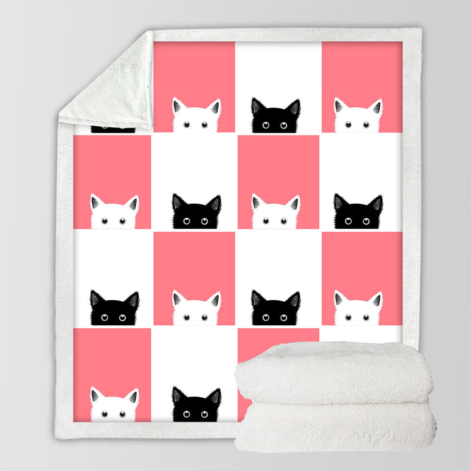 Cute Couch Throws with Pink White Panel and Black White Cats