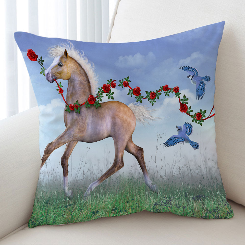 Cute Cushion Covers Foal Horse with Roses and Birds