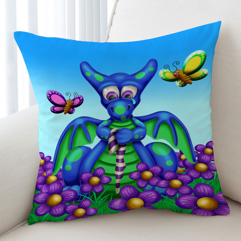 Cute Cushions Blue Dragon with Purple Flowers Kids
