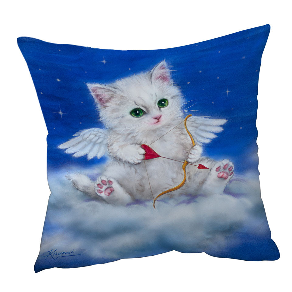 Cute Cushions and Throw Pillows with Fantasy Cat Art Love Angel White Kitten
