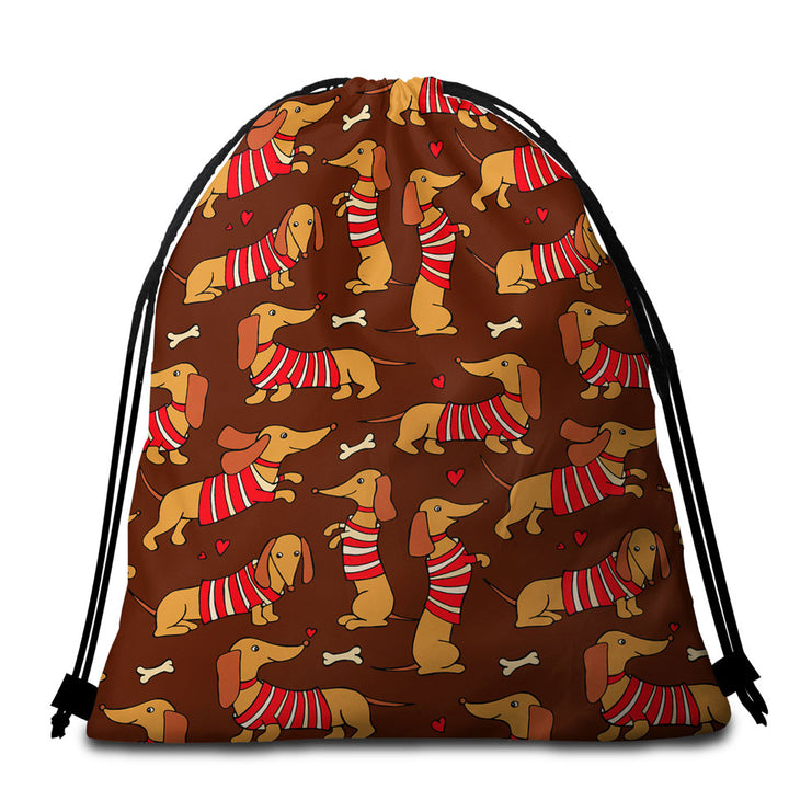 Cute Dachshund Beach Bags and Towels Wearing Red and White Stripes