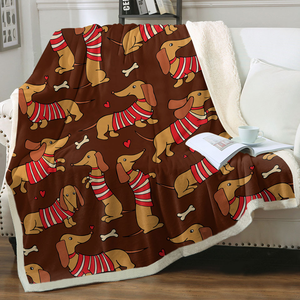 Cute Dachshund Fleece Blankets Wearing Red and White Stripes
