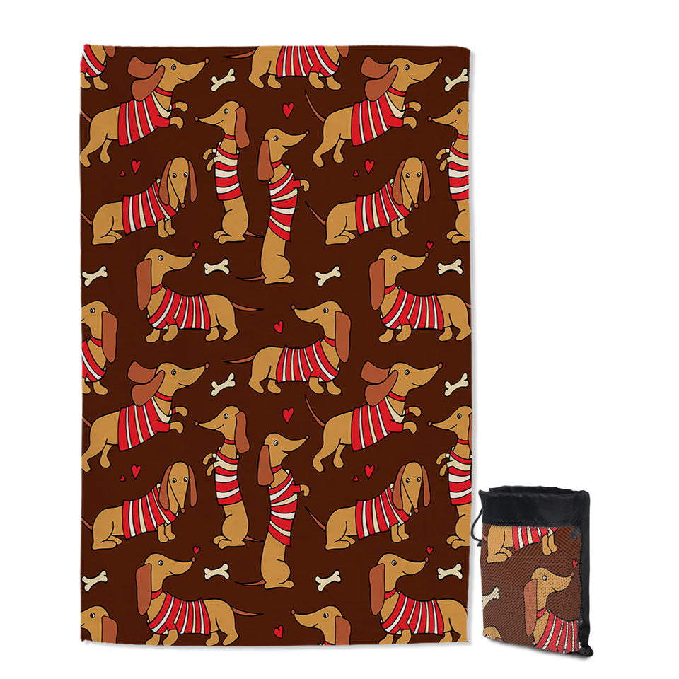 Cute Dachshund Microfiber Towels For Travel Wearing Red and White Stripes