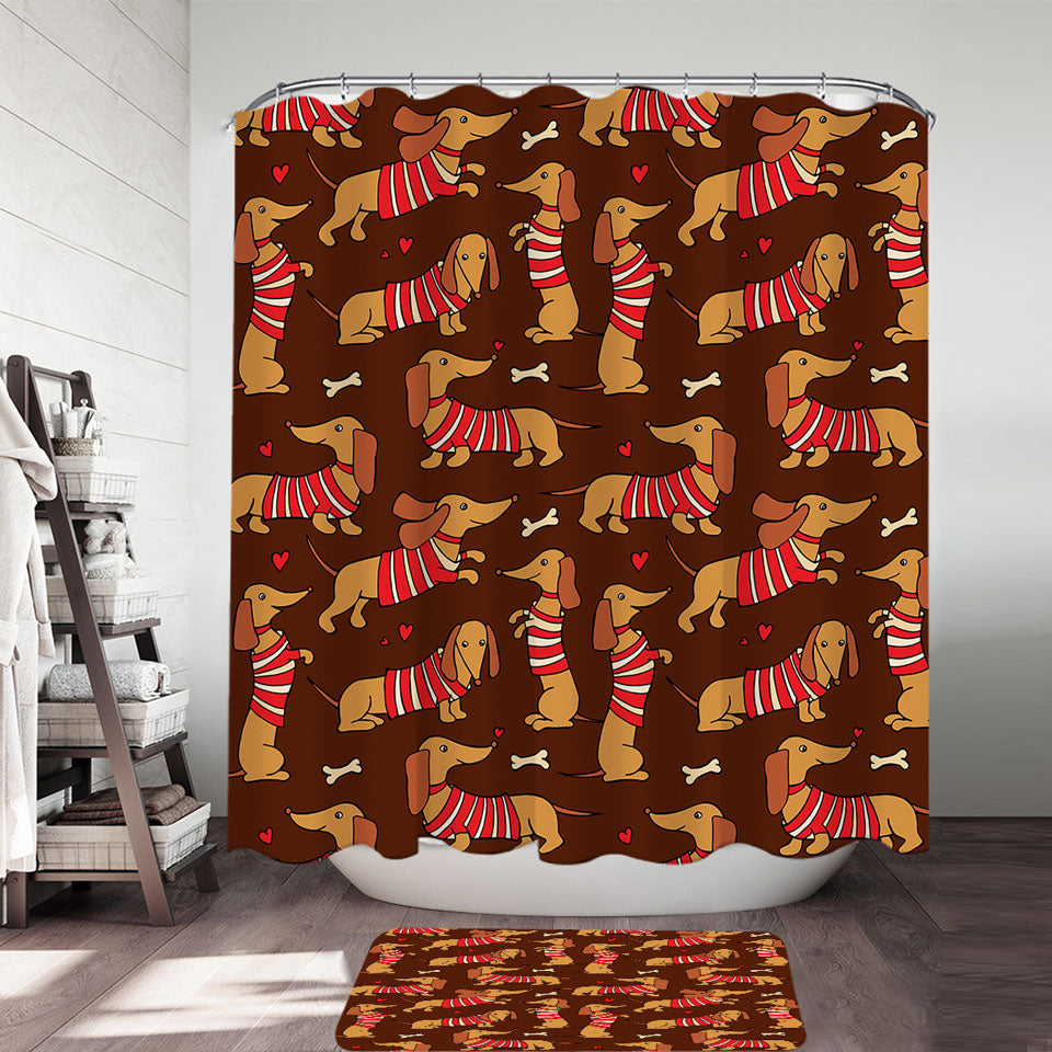 Cute Dachshund Shower Curtains Wearing Red and White Stripes